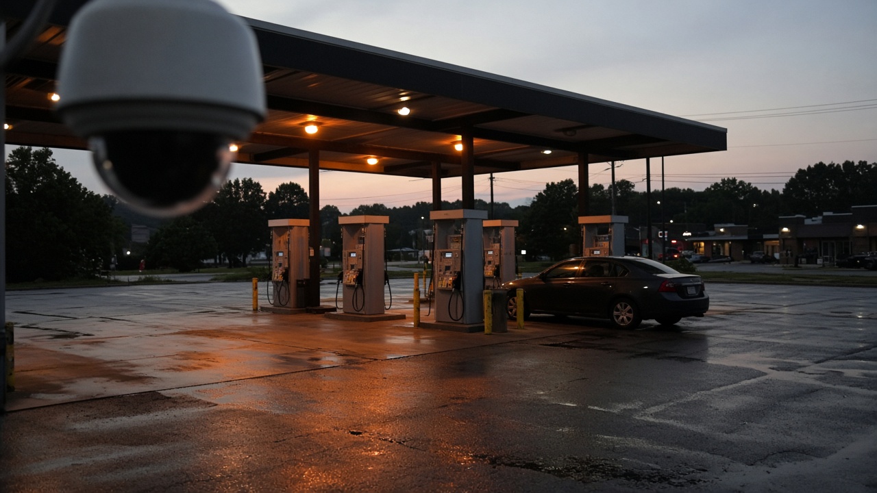 A gas island at dusk. A camera on the canopy.