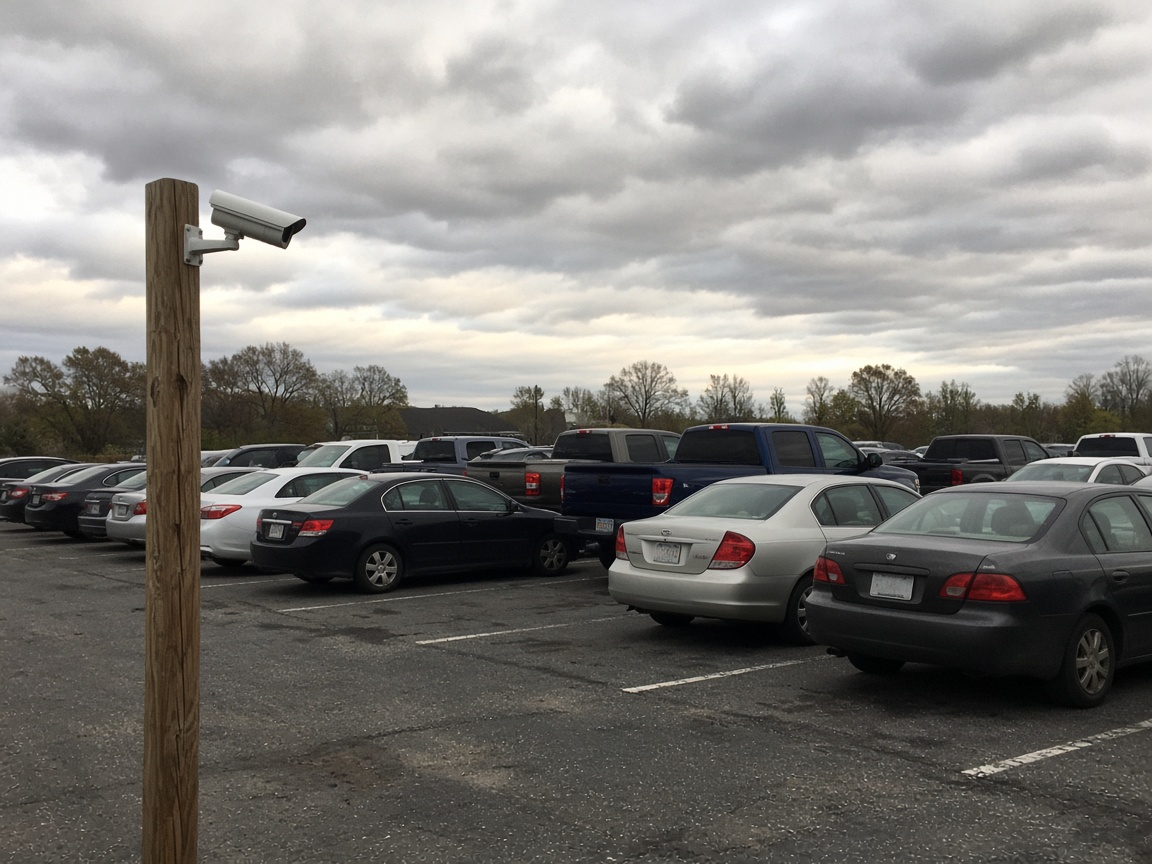 A camera on a pole watching a used-car row.