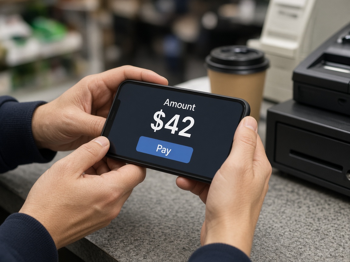 Paying on a phone at the counter.