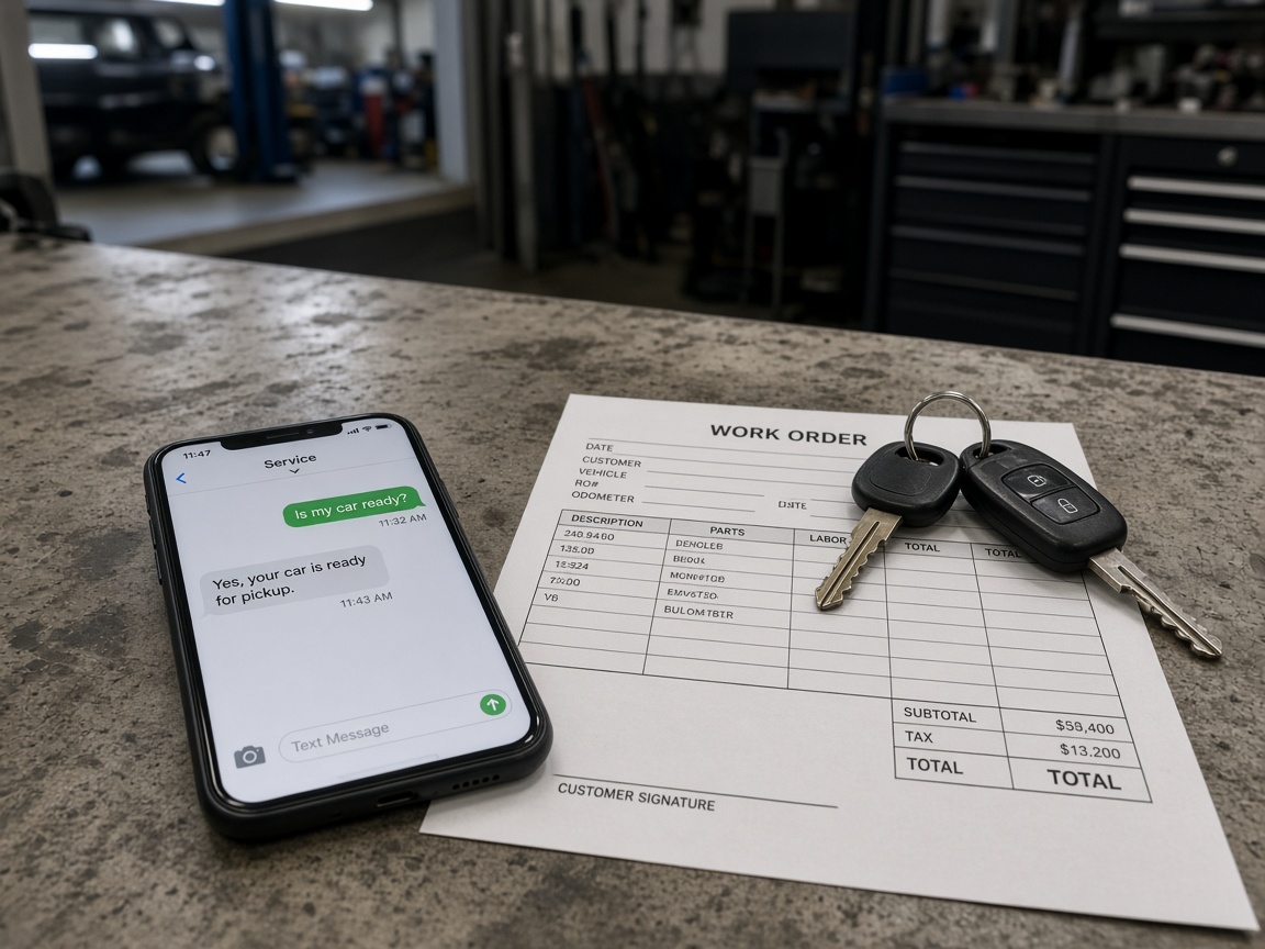 A phone on the shop counter with the keys.