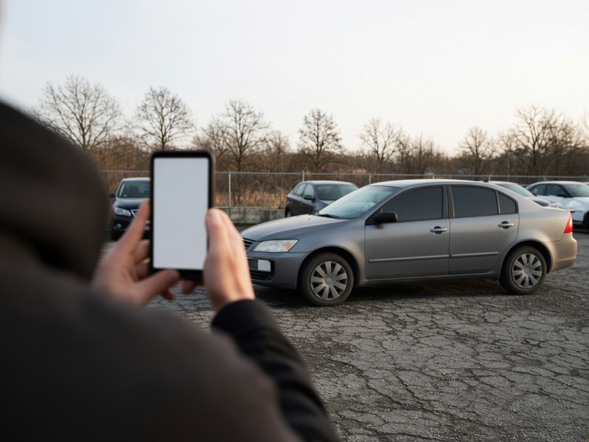 Filming a car on the lot with a phone.
