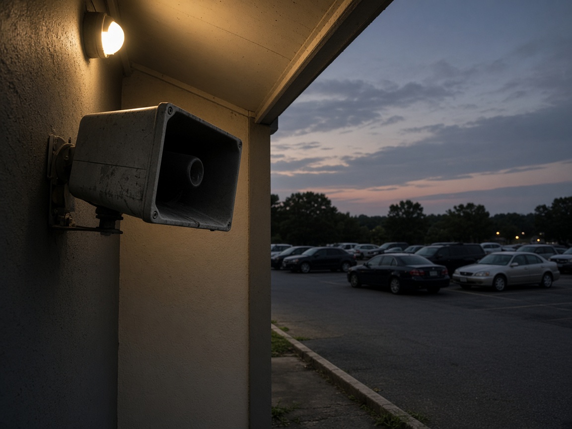 A speaker under the lot office awning.